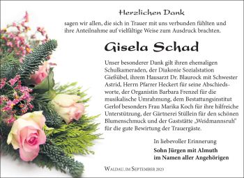 Traueranzeige von Gisela Schad von Südthüringer Presse