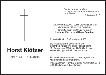 Traueranzeige von Horst Klötzer von Neue Presse Coburg