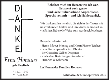 Traueranzeige von Erna Honauer von Südthüringer Presse