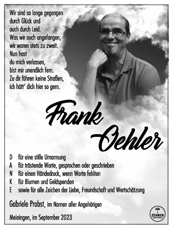 Traueranzeige von Frank Oehler von Südthüringer Presse