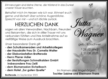 Traueranzeige von Jutta Wagner von Südthüringer Presse