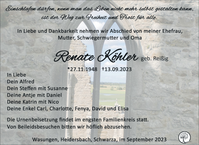  Traueranzeige für Renate Köhler vom 16.09.2023 aus Südthüringer Presse