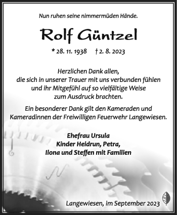 Traueranzeige von Rolf Güntzel von Südthüringer Presse