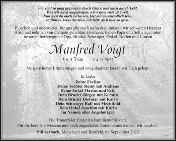 Traueranzeige von Manfred Voigt von Südthüringer Presse