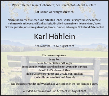 Traueranzeige von Karl Höhlein von Südthüringer Presse