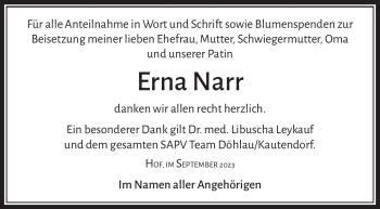 Traueranzeige von Erna Marga Narr von Frankenpost