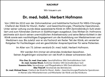 Traueranzeige von Herbert Hofmann von Südthüringer Presse