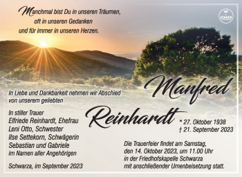 Traueranzeige von Manfred Reinhardt von Südthüringer Presse