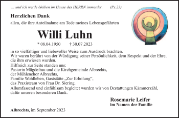 Traueranzeige von Wili Luhn von Südthüringer Presse