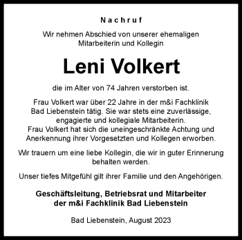 Traueranzeige von Leni Volkert von Südthüringer Presse