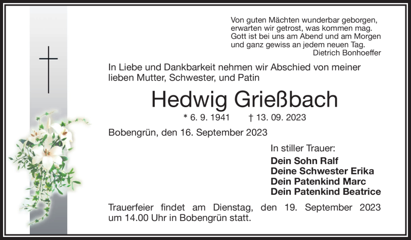  Traueranzeige für Hedwig Grießbach vom 16.09.2023 aus Frankenpost