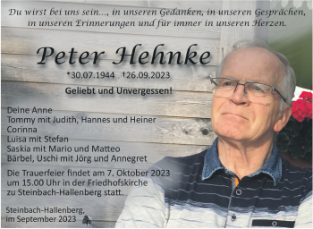 Traueranzeige von Peter Hehnke von Südthüringer Presse