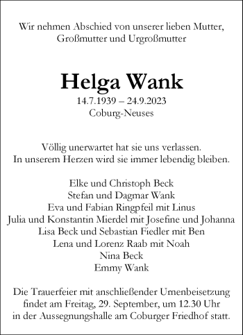 Traueranzeige von Helga Wank von Neue Presse Coburg