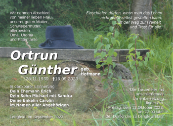 Traueranzeige von Ortrun Günther von Südthüringer Presse