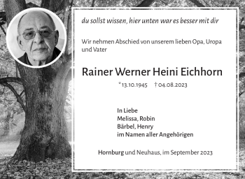 Traueranzeige von Rainer Werner Heini Eichhorn von Südthüringer Presse