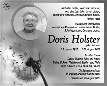 Traueranzeige von Doris Holster von Südthüringer Presse