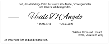 Traueranzeige von Heidi D`Angelo von Neue Presse Coburg