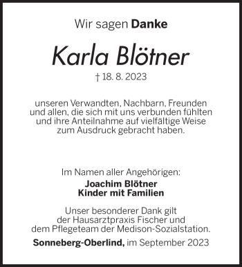 Traueranzeige von Karla Blötner von Südthüringer Presse