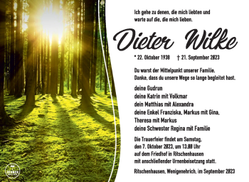Traueranzeige von Dieter Wilke von Südthüringer Presse