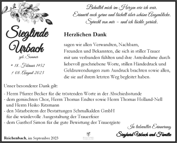 Traueranzeige von Sieglinde urbach von Südthüringer Presse