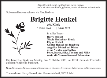 Traueranzeige von Brigitte Henkel von Südthüringer Presse