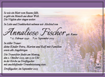 Traueranzeige von Annaliese Fischer von Südthüringer Presse