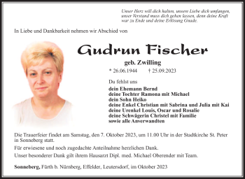 Traueranzeige von Gudrun Fischer von Südthüringer Presse