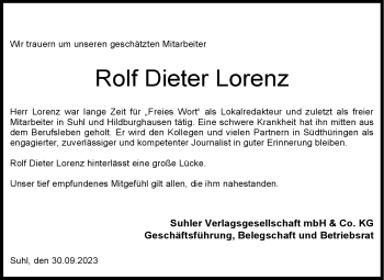 Traueranzeige von Rolf Dieter Lorenz von Südthüringer Presse