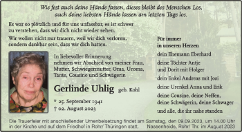 Traueranzeige von Gerlinde Uhlig von Südthüringer Presse