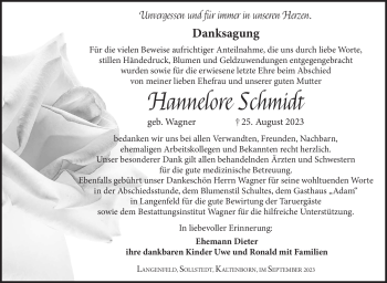 Traueranzeige von Hannelore Schmidt von Südthüringer Presse