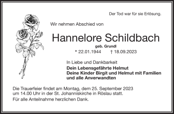 Traueranzeige von Hannelore Schildbach von Frankenpost
