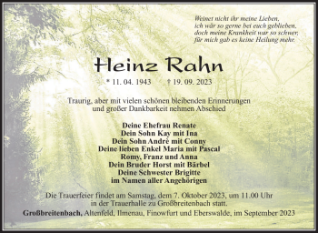 Traueranzeige von Heinz Rahn von Südthüringer Presse
