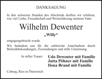 Traueranzeige von Wilhelm Dewenter von Neue Presse Coburg