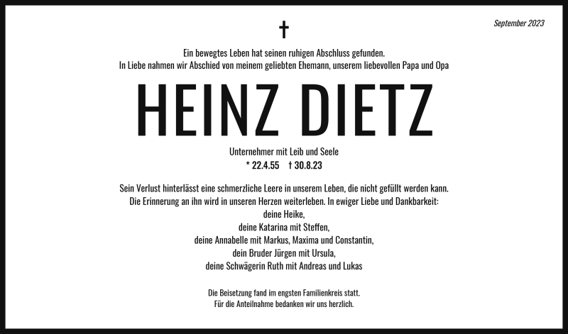  Traueranzeige für Heinz Dietz vom 09.09.2023 aus Neue Presse Coburg
