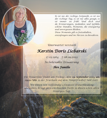 Traueranzeige von Kerstin Doris Licbarski von Südthüringer Presse