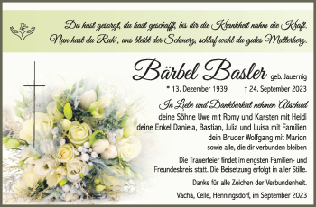 Traueranzeige von Bärbel Basler von Südthüringer Presse