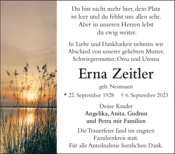 Traueranzeige von Erna Zeitler von Frankenpost