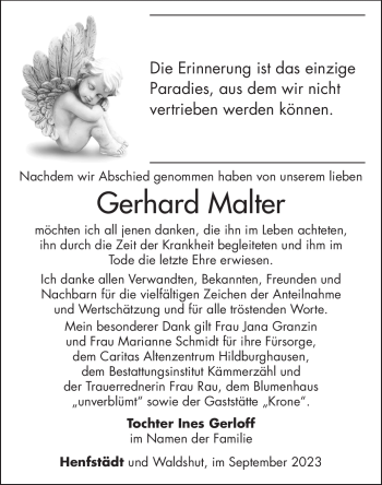 Traueranzeige von Gehard Malter von Südthüringer Presse
