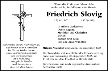 Traueranzeige von Friedrich Slovig von Neue Presse Coburg