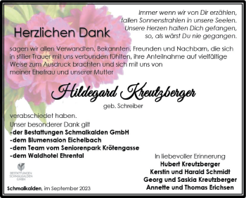 Traueranzeige von Hilde Kreutzberger von Südthüringer Presse