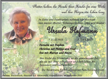 Traueranzeige von Ursula Hofmann von Südthüringer Presse