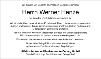 Traueranzeige von Werner Henze von Neue Presse Coburg