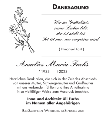 Traueranzeige von Annelies Maria Fuchs von Südthüringer Presse