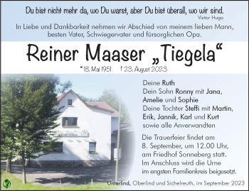 Traueranzeige von Reiner Maaser von Südthüringer Presse
