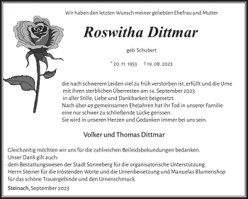 Traueranzeige von Roswitha Dittmar von Südthüringer Presse