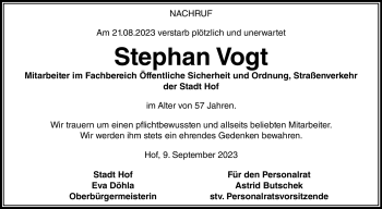 Traueranzeige von Stephan Vogt von Frankenpost