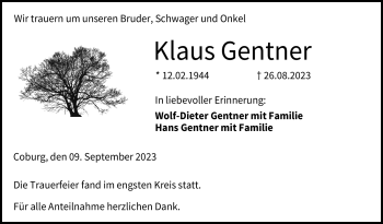 Traueranzeige von Klaus Gentner von Neue Presse Coburg