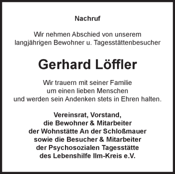 Traueranzeige von Gerhard Löffler von Südthüringer Presse