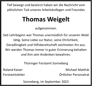 Traueranzeige von Thomas Weigelt von Südthüringer Presse