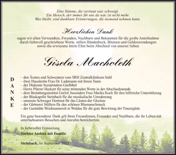 Traueranzeige von Gisela Macholeth von Südthüringer Presse